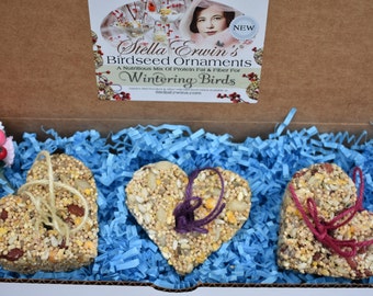 3 heart-shaped birdseed ornaments, gift box of bird treats, wild bird feeding, Valentine's Day day gift mom, bird lover watcher, habitat