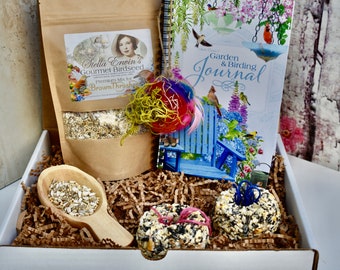 Bird watching gift box with gourmet birdseed, birding gardening journal, nesting ball, birdseed ornament feeder, birder kit, Christmas gift