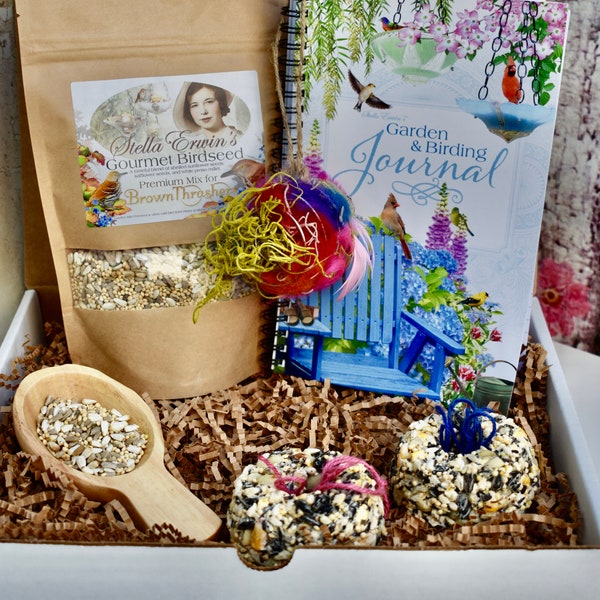 Bird watching gift box with gourmet birdseed, birding gardening journal, nesting ball, birdseed ornament feeder, birder kit, Christmas gift