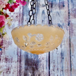 Golden Beige vintage glass bird feeder with clear cut glass flowers