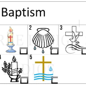 May include: A black and white image with five different symbols related to baptism. The symbols include a candle, a seashell, a dove, a cross, and water. Each symbol has a checkbox next to it.