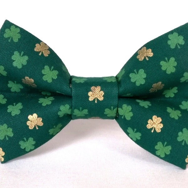 St. Patrick's Day Dog Bow Tie, St Patricks Dog Bow, Green Shamrocks (Green, Gold), Removable Dog Style Accessory for Pet Collar