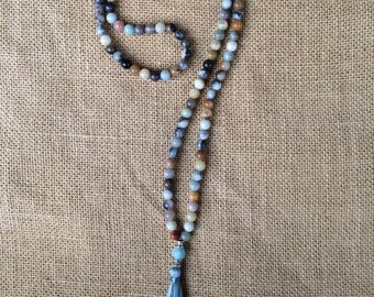 Amazonite Mala Necklace with Blue Silk Tassel