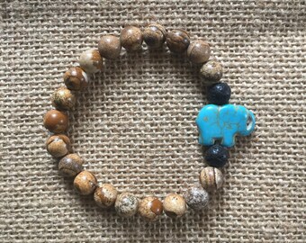 Picture Jasper, Lava Stone and Magnesite Elephant Bracelet, Essential Oil Diffusing