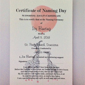 Naming Ceremony, Supporting Adult, Guide Parent, Celebrant CERTIFICATE, PERSONALISED, UNFRAMED Choice of Colour