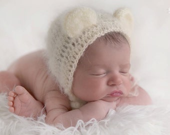Match from 11 colors and sizes Crochet   "Baby Teddy Bear"  Bonnet - Newborn Photography Props- Baby Crochet Hat