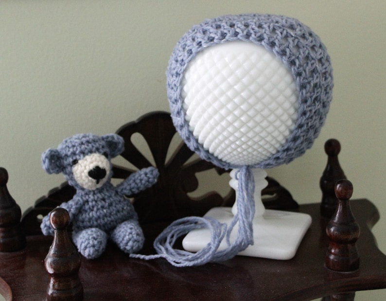 Baby Girl Shower Gift Crochet Animal and Hat RTS Blue Teddy Bear and Bonnet Set Ready to Ship Photo Prop Gender Neutral Stuffed Animal