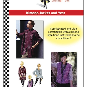 May include: A sewing pattern for a kimono jacket and vest. The pattern is from Dana Marie Design Co. and is number 1007. The pattern shows a woman wearing a purple vest and a woman wearing a burgundy jacket.