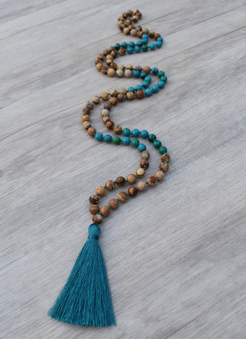 Hand Knotted Mala Necklace Yoga Necklace Tassel Necklace Oasis ~ Picture Jasper /& Chrysocolla ~ 108 Bead Chakra Jewelry