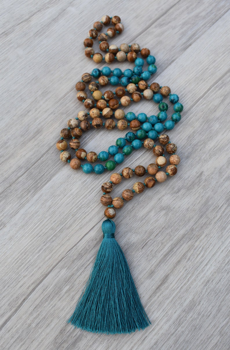 Hand Knotted Mala Necklace Yoga Necklace Tassel Necklace Oasis ~ Picture Jasper /& Chrysocolla ~ 108 Bead Chakra Jewelry