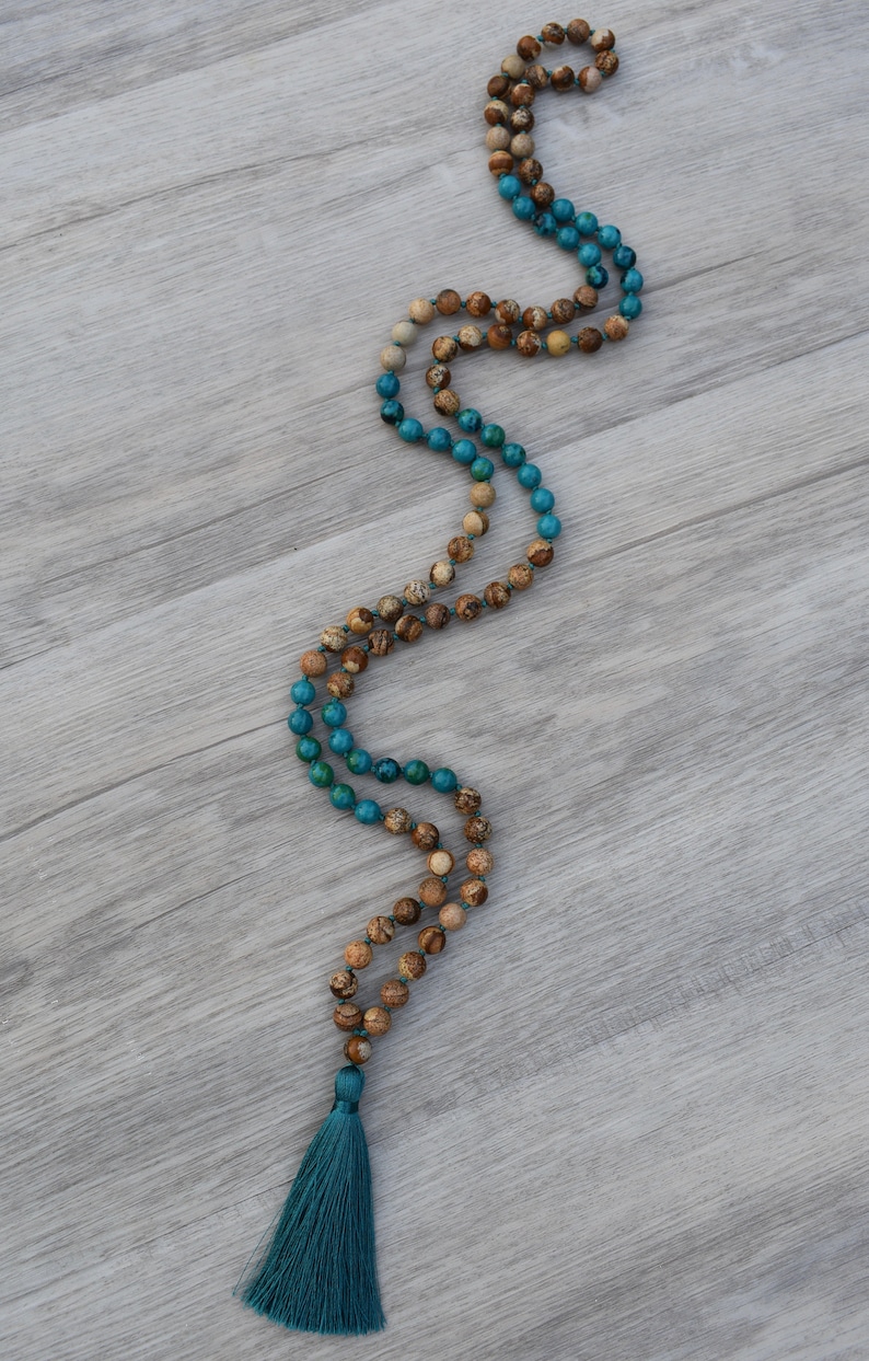 Hand Knotted Mala Necklace Yoga Necklace Tassel Necklace Oasis ~ Picture Jasper /& Chrysocolla ~ 108 Bead Chakra Jewelry