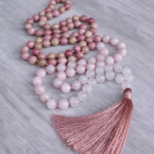Mala Necklace Rhodochrosite, Rose Quartz 108 Bead Gemstone Tassel Necklace, Japa Meditation, Yoga Jewelry