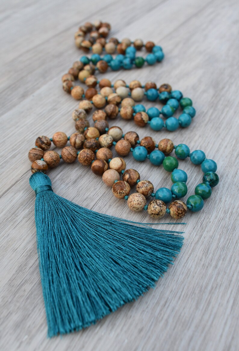 Hand Knotted Mala Necklace Yoga Necklace Tassel Necklace Oasis ~ Picture Jasper /& Chrysocolla ~ 108 Bead Chakra Jewelry