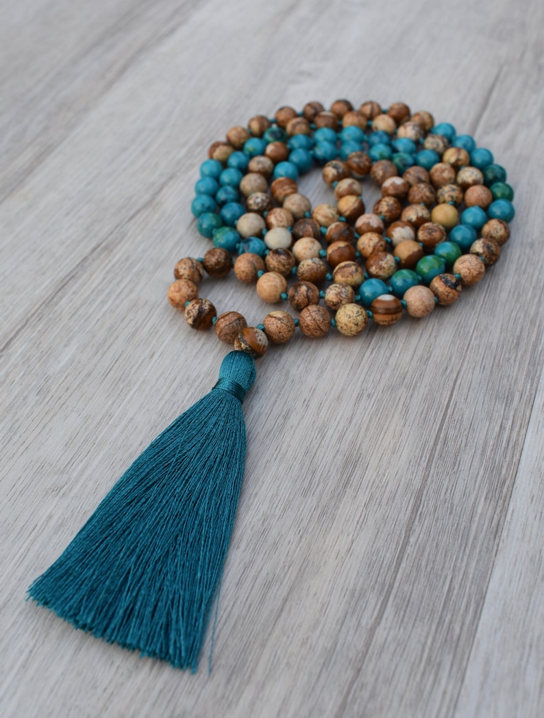 Hand Knotted Mala Necklace Yoga Necklace Tassel Necklace Oasis ~ Picture Jasper /& Chrysocolla ~ 108 Bead Chakra Jewelry