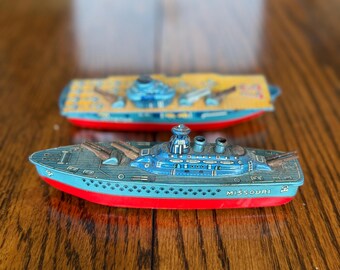 2 Small Tin Lithograph War Ships - Vintage Toy Boat - Antietam and Missouri