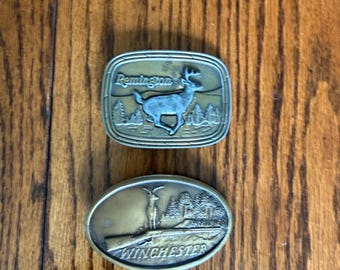 2 Vintage Remington and Winchester Brass Belt Buckles from the 1970s