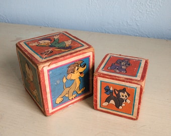 2 Vintage Wooden Blocks with Disney Characters