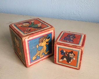 2 Vintage Wooden Blocks with Disney Characters