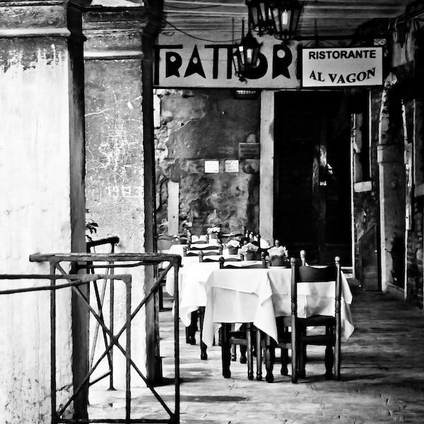 Black and White Italy Photography - Travel, Venice, Romantic Wall Art - Venetian Restaurant - 8x10