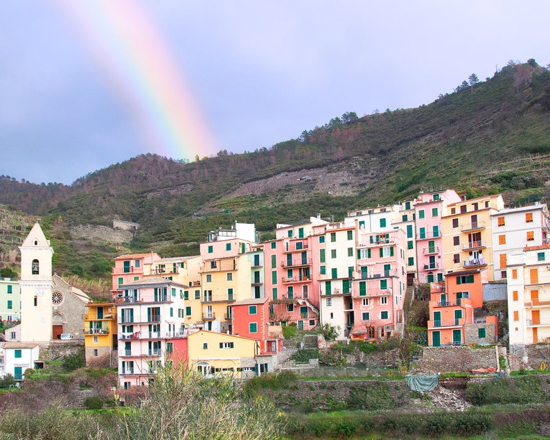 Cinque Terre Italy Photography Travel, Rainbow, Cinque Terre, Romantic Wall Art image 1