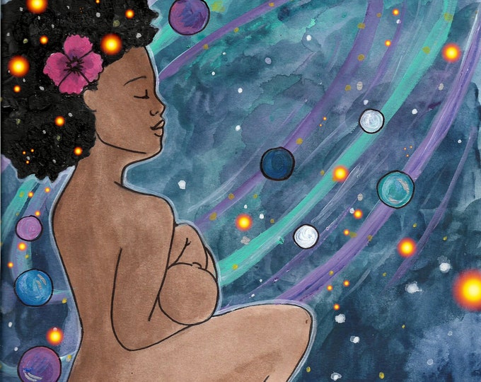 GALACTICAL art print-  8" x 8" / breastfeeding art/ black breastfeeding week/ breastfeeding/ gift for doula/ gift for midwife