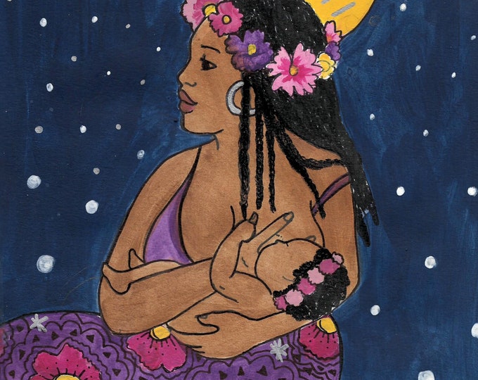 MOON BEAMS art print-  8" x 8" / breastfeeding art/ black breastfeeding week/ breastfeeding/ gift for doula/ gift for midwife