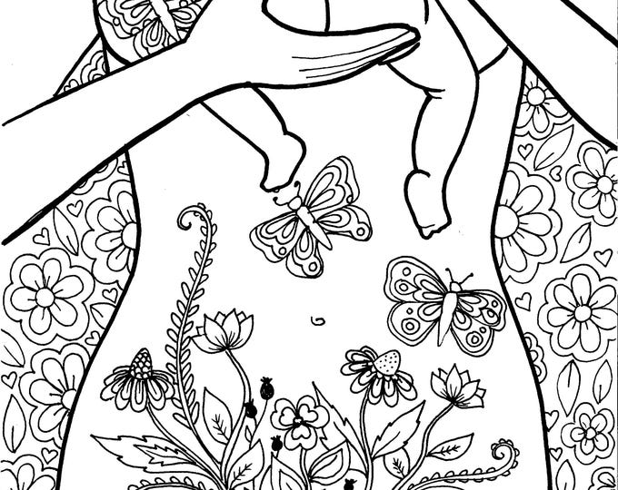 BELLY BIRTH Coloring page/ birth art coloring sheet/ cesarean birth/csection/ doula/ midwife/birth/