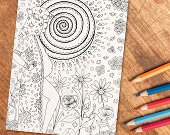 Dibujo para colorear en espiral / lámina para colorear de arte de nacimiento / arte de embarazo / doula / partera / parto / yoga / diosa / lo divino femenino