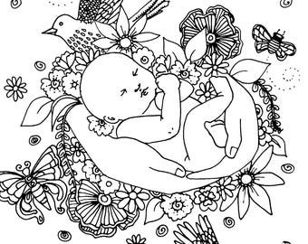 ALEGRÍA Página para colorear / hoja para colorear de arte de nacimiento / arte de embarazo / doula / partera