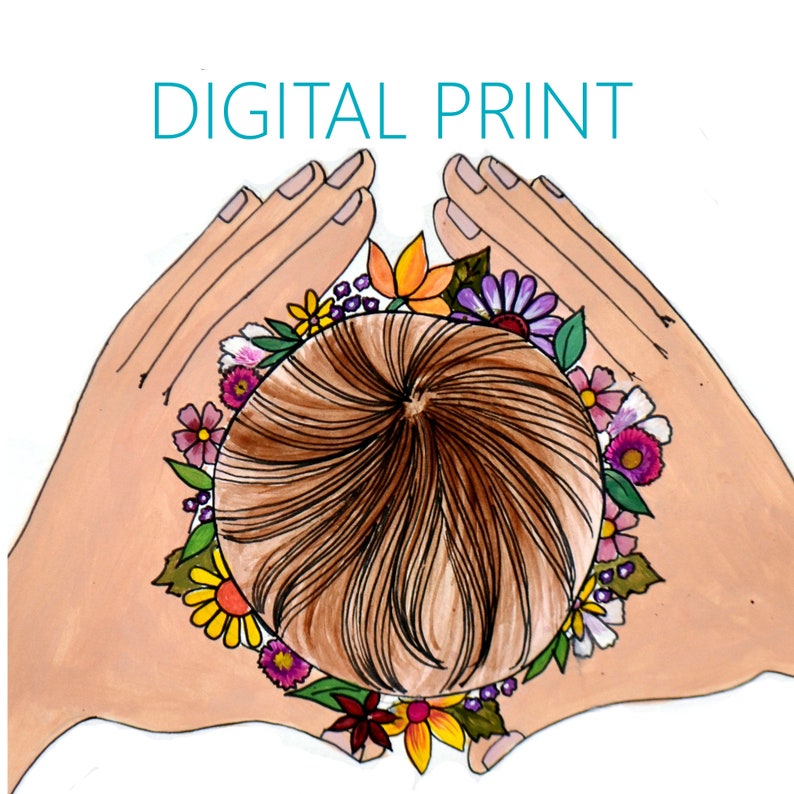 Puede incluir: Una impresi&oacute;n digital de la cabeza de un ni&ntilde;o rodeada de una corona de flores coloridas. El cabello del ni&ntilde;o es marr&oacute;n y las flores son rosas, moradas, amarillas, naranjas y verdes.