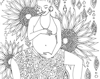 Dibujo para colorear de girasol / lámina para colorear de arte de parto / arte de embarazo / doula / partera / parto / yoga / diosa / lo divino femenino
