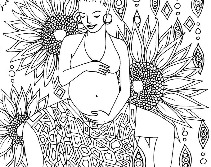 SUNFLOWER Coloring page/ birth art coloring sheet/ pregnancy art/ doula/ midwife/birth/ yoga/ goddess/ divine feminine