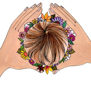 Puede incluir: Una ilustraci&oacute;n dibujada a mano de una cabeza de persona con cabello casta&ntilde;o rodeada de una corona de flores coloridas. Dos manos se muestran por encima de la cabeza, formando un coraz&oacute;n.