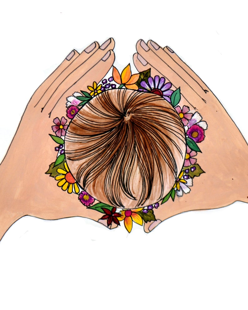 Puede incluir: Una ilustraci&oacute;n dibujada a mano de una cabeza de persona con cabello casta&ntilde;o rodeada de una corona de flores coloridas. Dos manos se muestran por encima de la cabeza, formando un coraz&oacute;n.