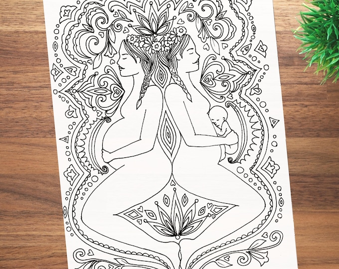 TRANSFORMATION Coloring page/ birth art coloring sheet/ pregnancy art/ doula/ midwife/birth/ yoga/ goddess/ divine feminine