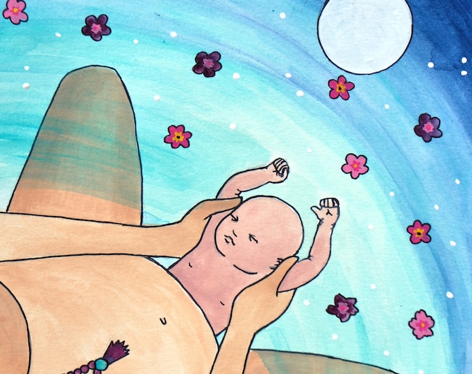 MOON BIRTH/ 8.5" x 11" original art print/ water birth/ home birth/ midwife/ doula