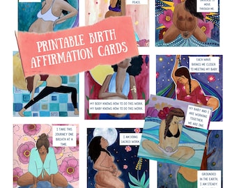 Tarjetas digitales de afirmación para el parto: 10 tarjetas artísticas imprimibles para brindar apoyo durante el parto.