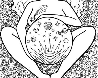 Página para colorear de la galaxia / Lámina para colorear de arte de nacimiento / Arte del embarazo / Doula / Partera / Parto / Yoga / Diosa / Divinidad femenina