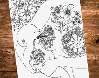 Página para colorear de NECTAR / lámina para colorear sobre lactancia materna / arte posparto / doula / partera / parto en casa