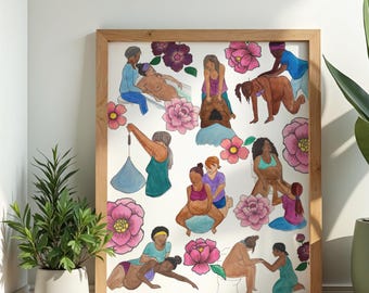 Póster digital "Posición de parto con apoyo" / Arte para el parto / Arte para el embarazo / Matrona / Doula / Posiciones de parto / Parto en casa