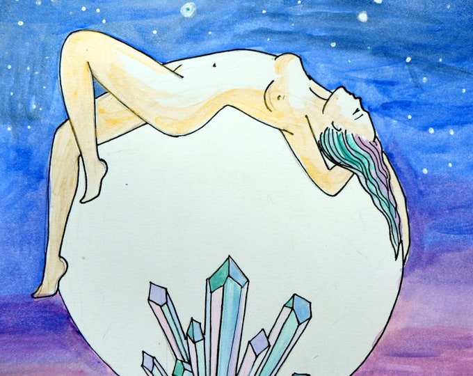 MOONING art print-  8" x 8" / moon art/ feminist/ woman/ lunar art/ crystal art