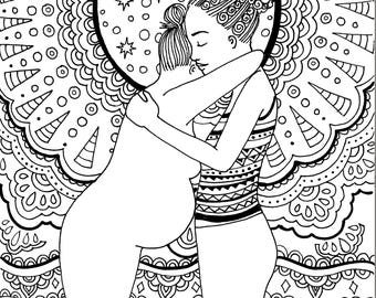 Dibujo para colorear de una doula / Lámina para colorear sobre el parto / Embarazo / Doula / Partera / Parto / Parto en casa / Divinidad femenina / Hermandad / Hermanas