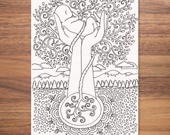 Dibujo para colorear de raíces / lámina para colorear sobre el nacimiento / placenta / doula / partera / parto / parto en casa