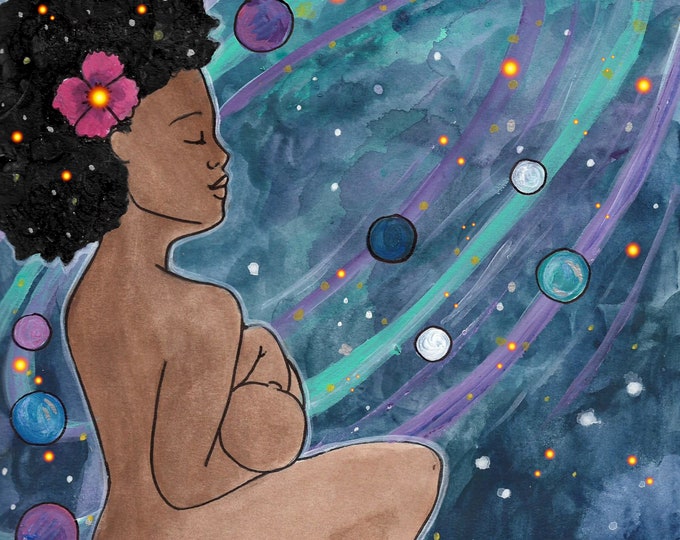 GALACTIC- 8" x 10"  giclee print / breastfeeding art/ Black breastfeeding week