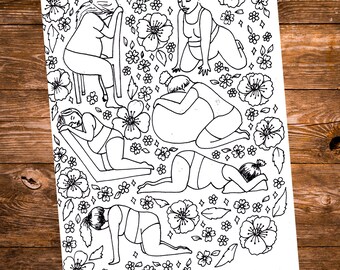 Página para colorear sobre POSICIONES DE PARTO / lámina para colorear sobre el parto / arte posparto / doula / partera / parto en casa