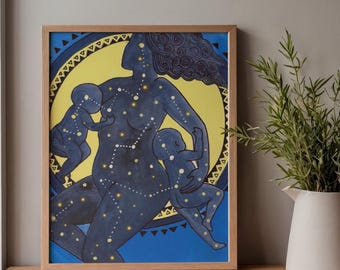 Lámina artística GALAXY SLEEPS – Ilustración de madre e hijo durmiendo juntos (20 x 25 cm)