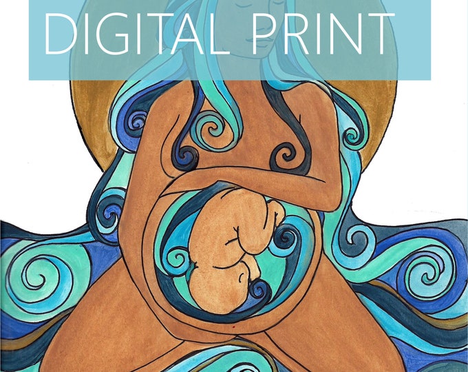 DIGITAL "Agua" print/poster/ Pregnancy Art/ midwife/ doula/ gift for new mom/ birth art