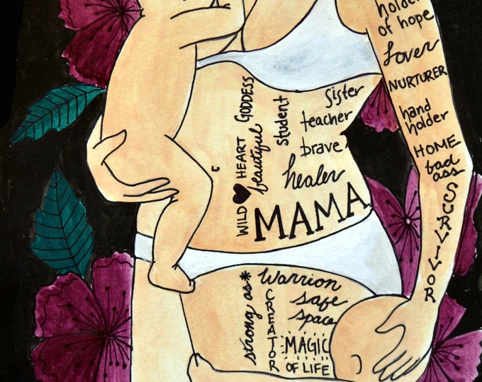 JUST MAMA art print-  8" x 8" / birth art/  gift for new mom/ doula gift/ midwife/ gift for mom/ new mom