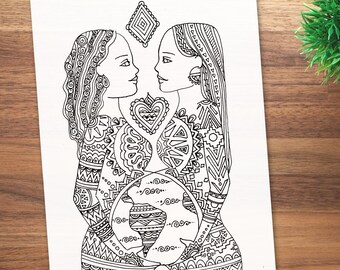 Página para colorear MUNDO/ lámina para colorear de arte de nacimiento/ arte de embarazo/ doula/ partera/ parto/ yoga/ diosa/ divino femenino