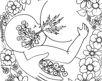 Página para colorear NOURISH / hoja para colorear de arte de nacimiento / arte de lactancia materna / doula / partera